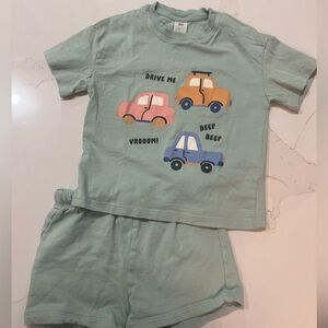 H&M Light Green Car Print Matching T-Shirt & Shorts Set 2T